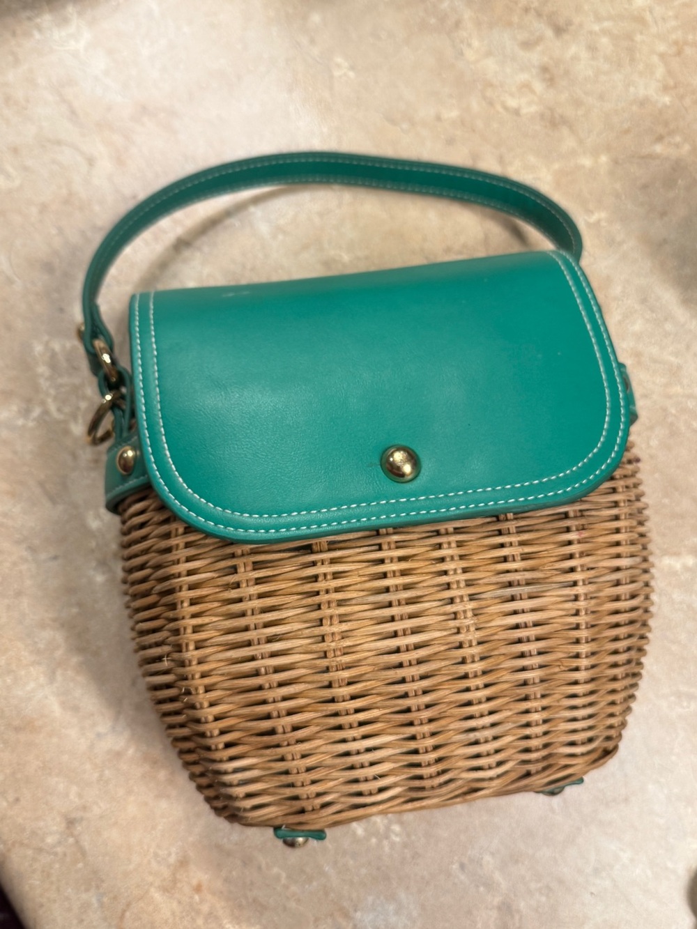 Turquoise Leather & Wicker Crossbody Bag